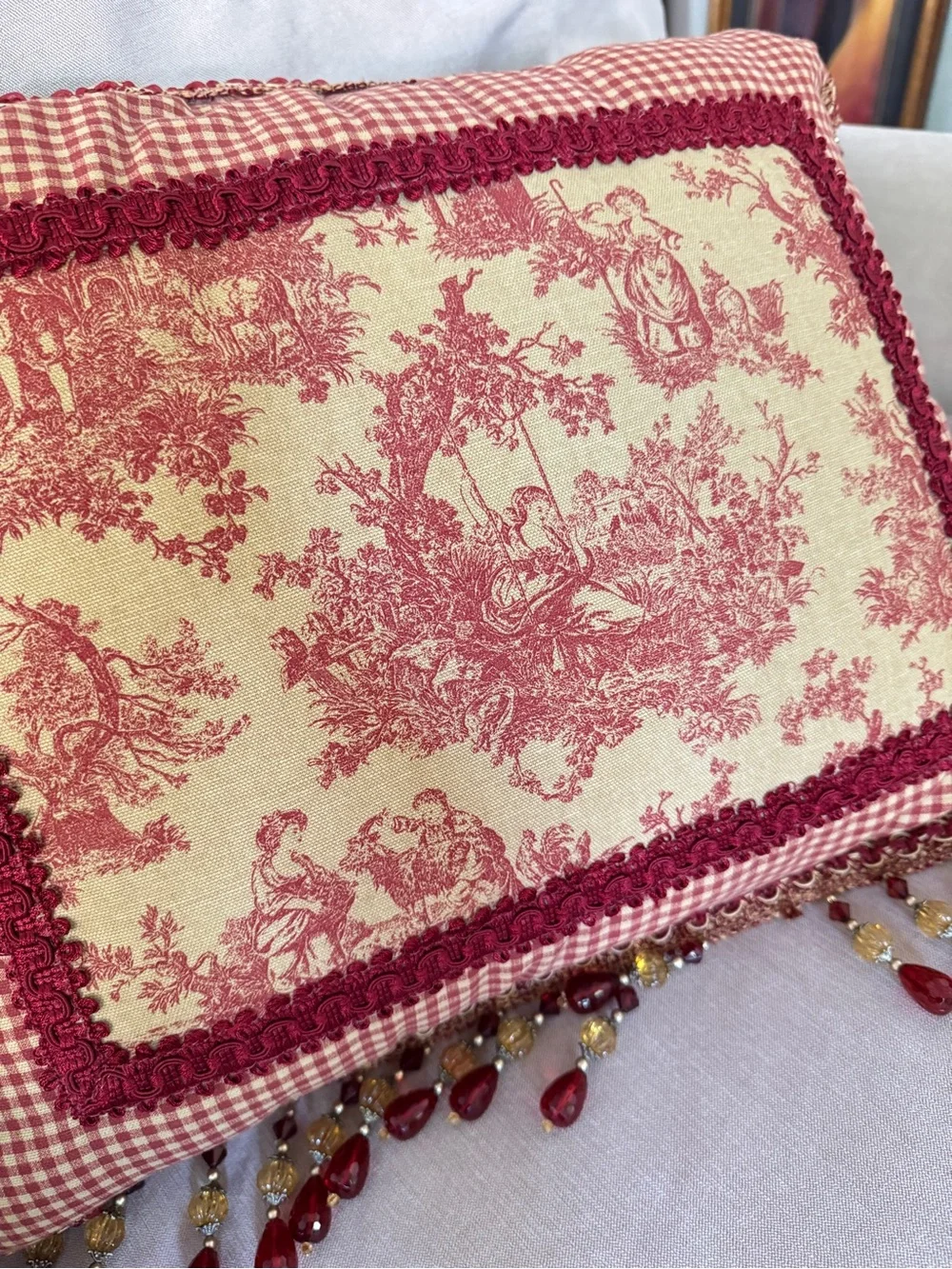 French Country Cottage Red Ivory English Toile Check Tassels Beaded Foam Pillow